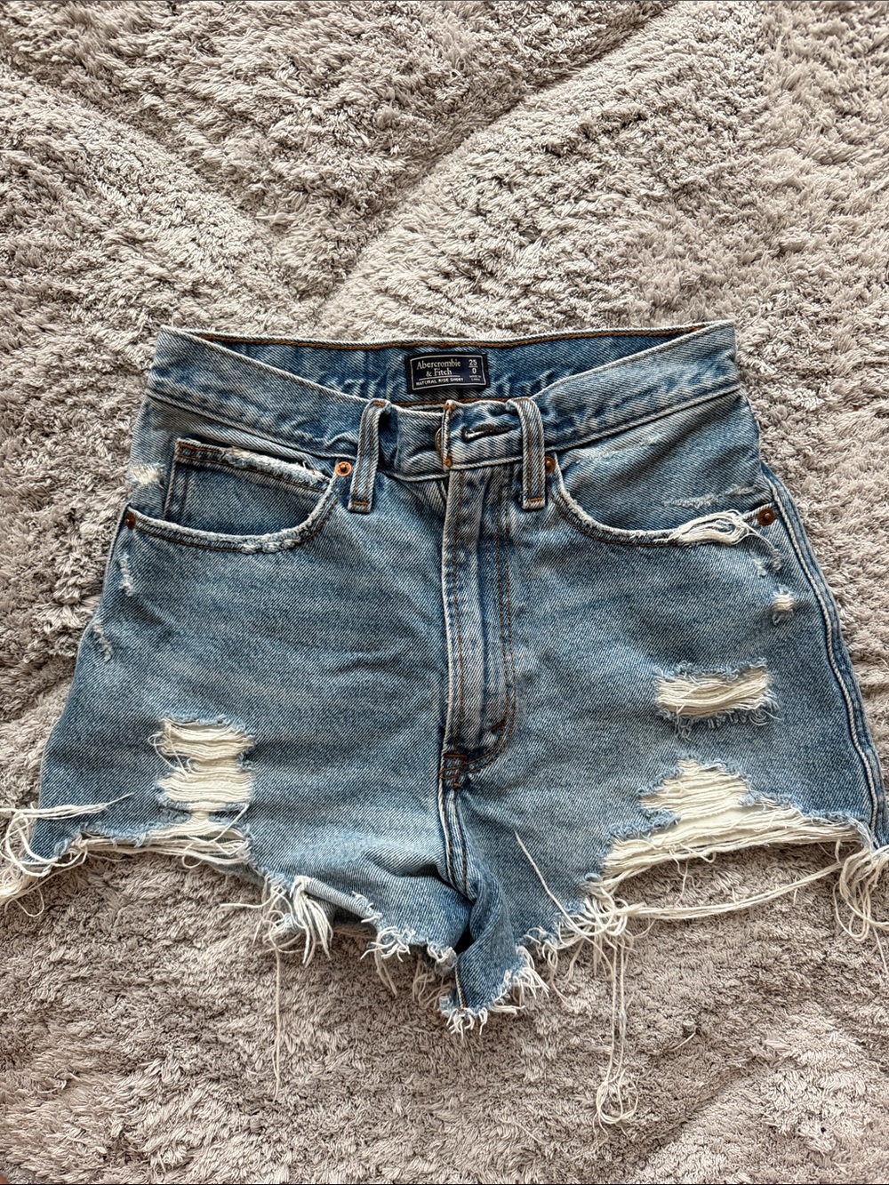 Distressed High-Rise Denim Shorts in Light Blue